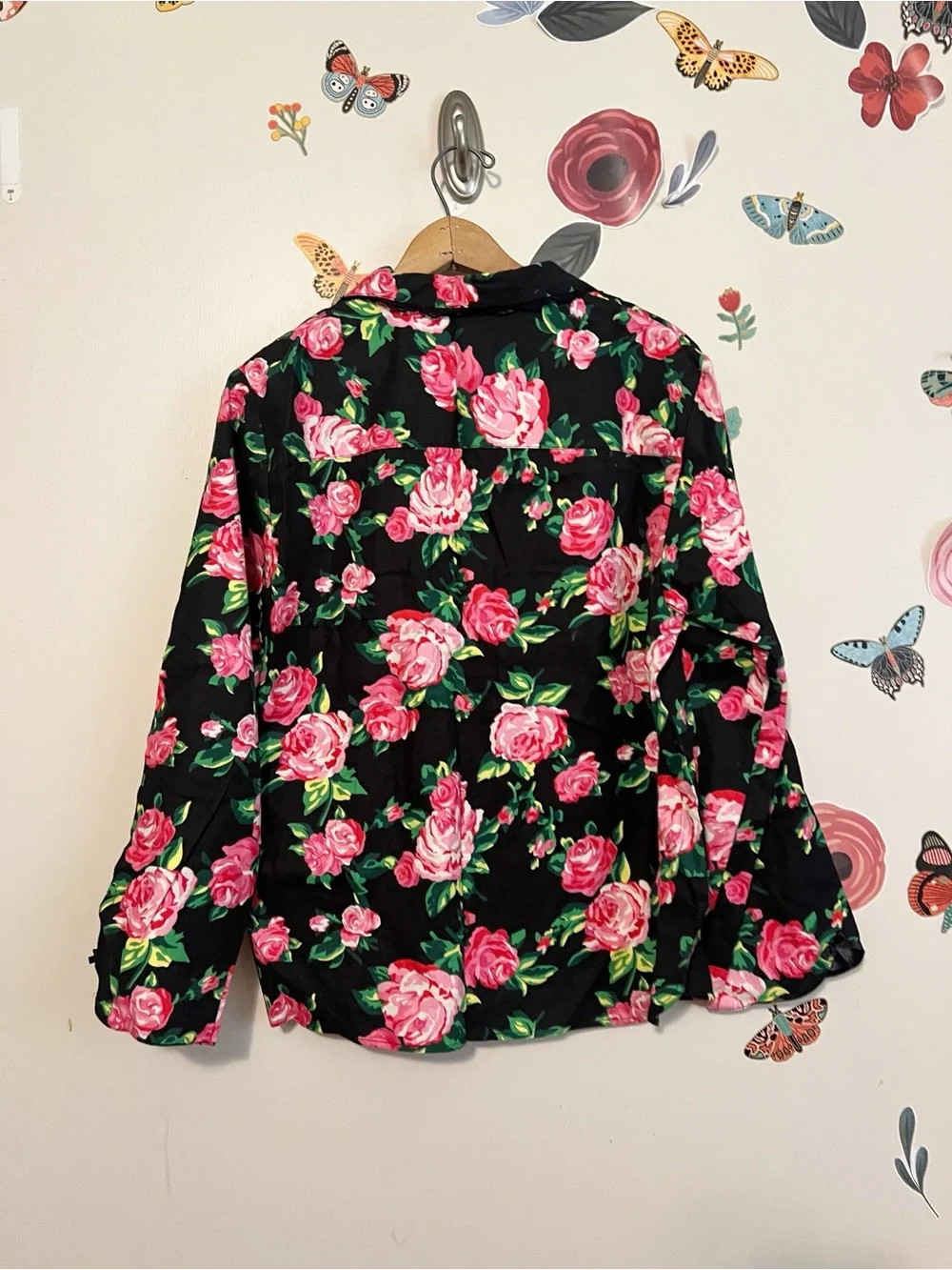 Betsey Johnson Flannel Pajama Top with Heart Pocket & Pink Rose Print